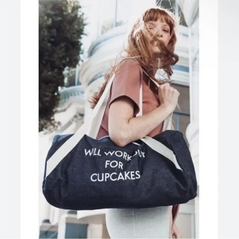 WILL WORKOUT FOR CUPCAKES Denim Look Gym Bag Duffel
